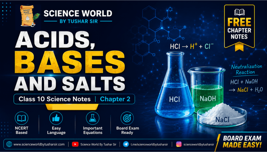 Acids, Bases and Salts Class 10 Notes Chapter 2 banner showing pH scale, laboratory acids, bases, indicators and salt reactions.