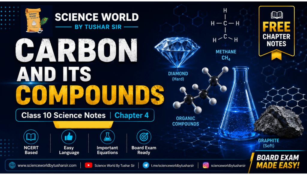 Carbon and Its Compounds Class 10 Notes (CBSE 2026–27) Chapter 4 banner showing carbon bonding, hydrocarbons, ethanol, and chemistry concepts.
