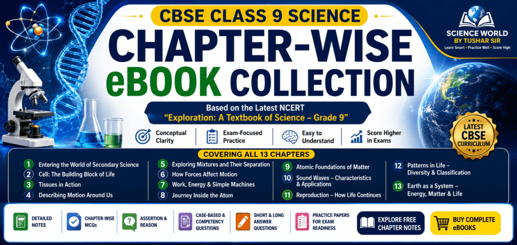 Banner showcasing CBSE Class 9 Science chapter-wise eBook collection by Science World By Tushar Sir, featuring all 13 chapters, detailed notes, MCQs, assertion-reason questions, case-based questions, and exam preparation resources based on the latest NCERT curriculum.