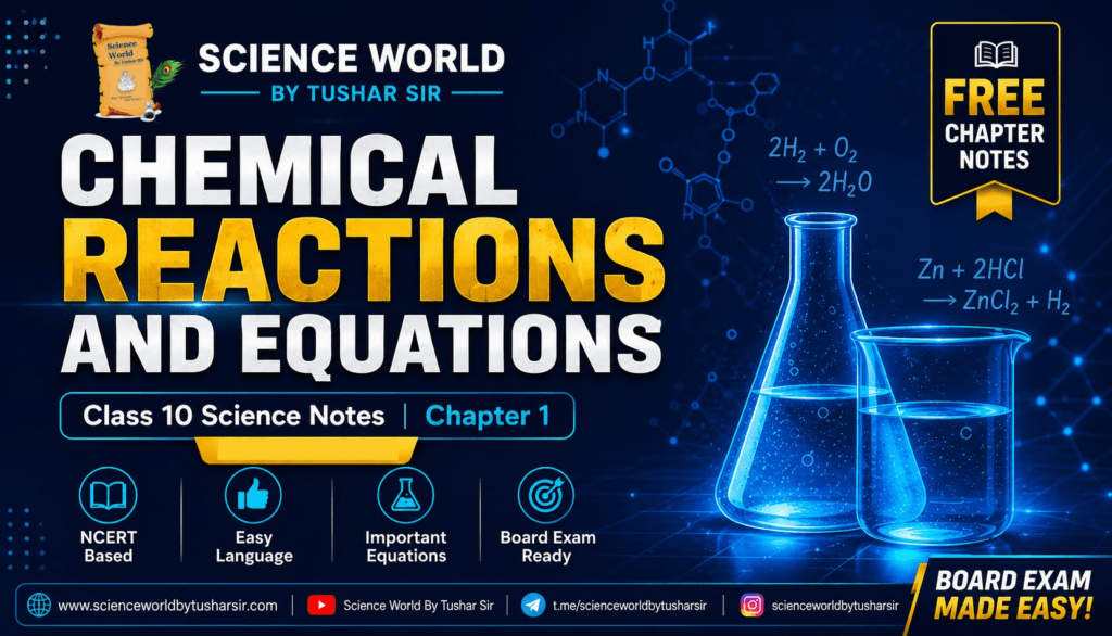 Chemical Reactions and Equations Class 10 Notes (CBSE 2026–27) Chapter 1 banner showing chemical reactions, laboratory equipment, and chemistry concepts.