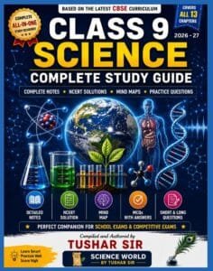 Class 9 Science Complete Study Guide banner with detailed notes, NCERT solutions, mind maps, MCQs, sample pages, printed book, eBook, and exclusive coupon by Science World by Tushar Sir.