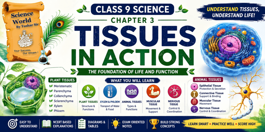 Class 9 Science Chapter 3 Tissues in Action banner showing plant tissues, animal tissues, xylem, phloem, neuron, and Science World By Tushar Sir logo