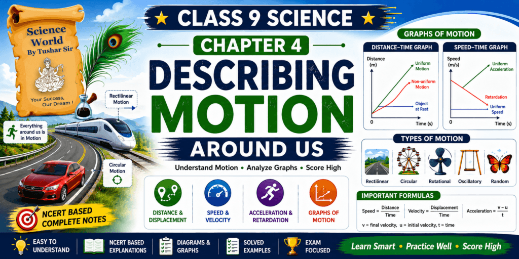 Class 9 Science Chapter 4 Describing Motion Around Us Notes banner showing distance, speed, velocity, acceleration and motion concepts with Science World By Tushar Sir logo.