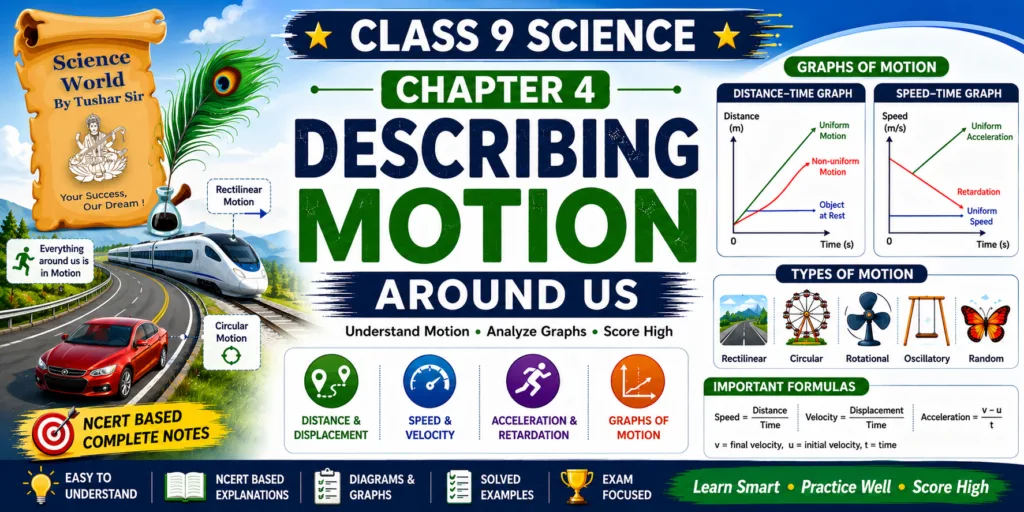 Class 9 Science Chapter 4 Describing Motion Around Us Notes banner showing distance, speed, velocity, acceleration and motion concepts with Science World By Tushar Sir logo.