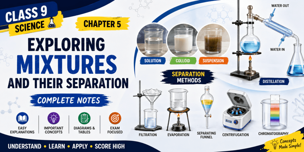 Class 9 Science Chapter 5 Exploring Mixtures and Their Separation Notes banner showing solution, colloid, suspension and separation methods including filtration, evaporation, distillation, centrifugation, separating funnel and chromatography.