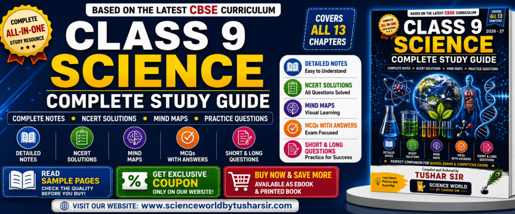 Class 9 Science Complete Study Guide banner with detailed notes, NCERT solutions, mind maps, MCQs, sample pages, printed book, eBook, and exclusive coupon by Science World by Tushar Sir.