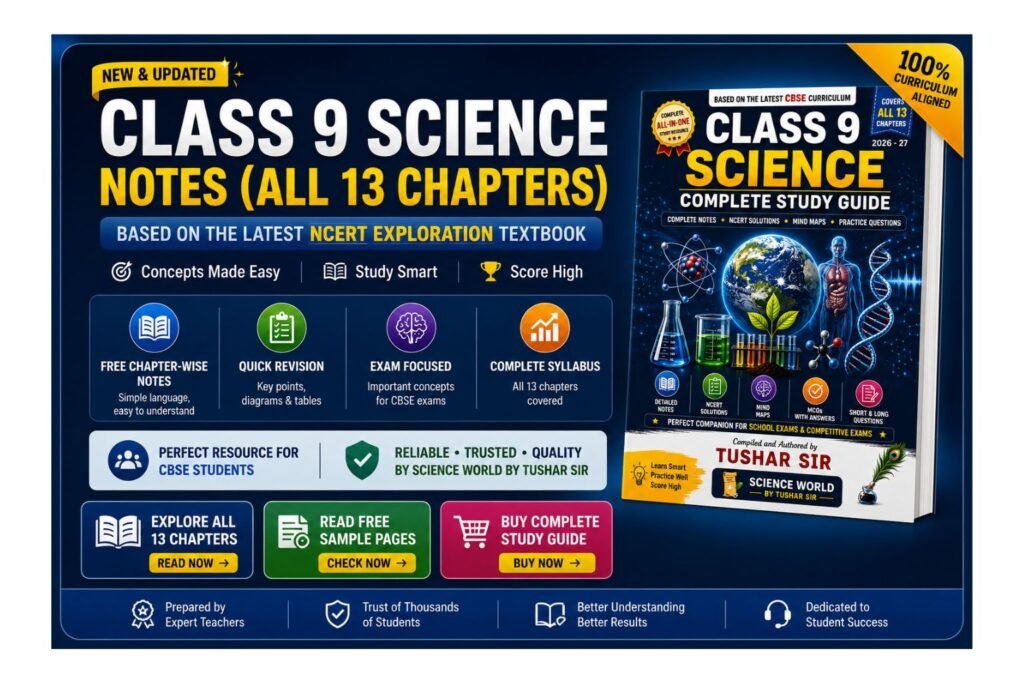 Class 9 Science Notes All 13 Chapters banner based on the latest NCERT Exploration Textbook of Science for Grade 9 by Science World by Tushar Sir.
