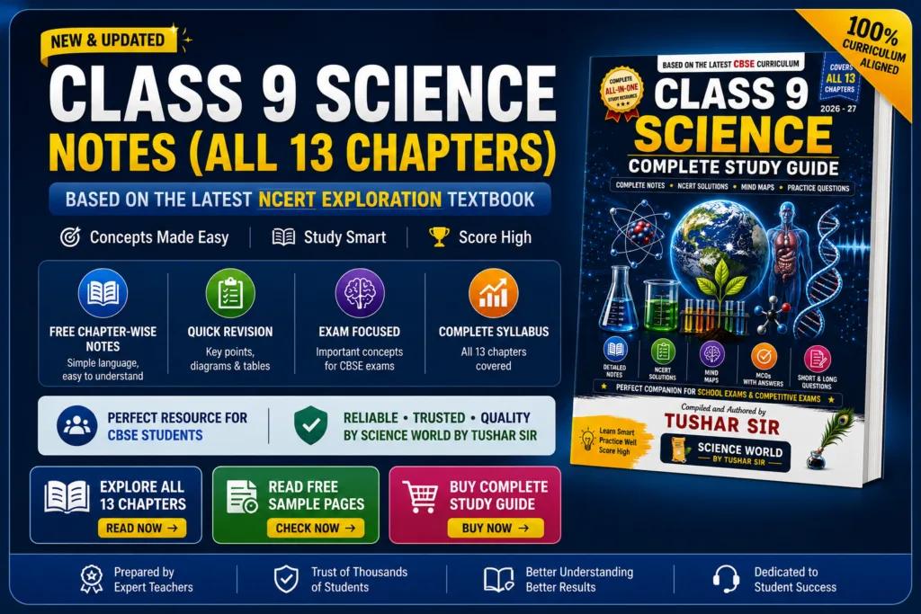 Class 9 Science Notes All 13 Chapters banner based on the latest NCERT Exploration Textbook of Science for Grade 9 by Science World by Tushar Sir.
