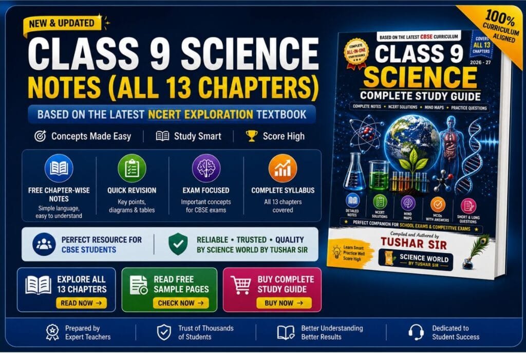 Class 9 Science Notes All 13 Chapters banner based on the latest NCERT Exploration Textbook of Science for Grade 9 by Science World by Tushar Sir.