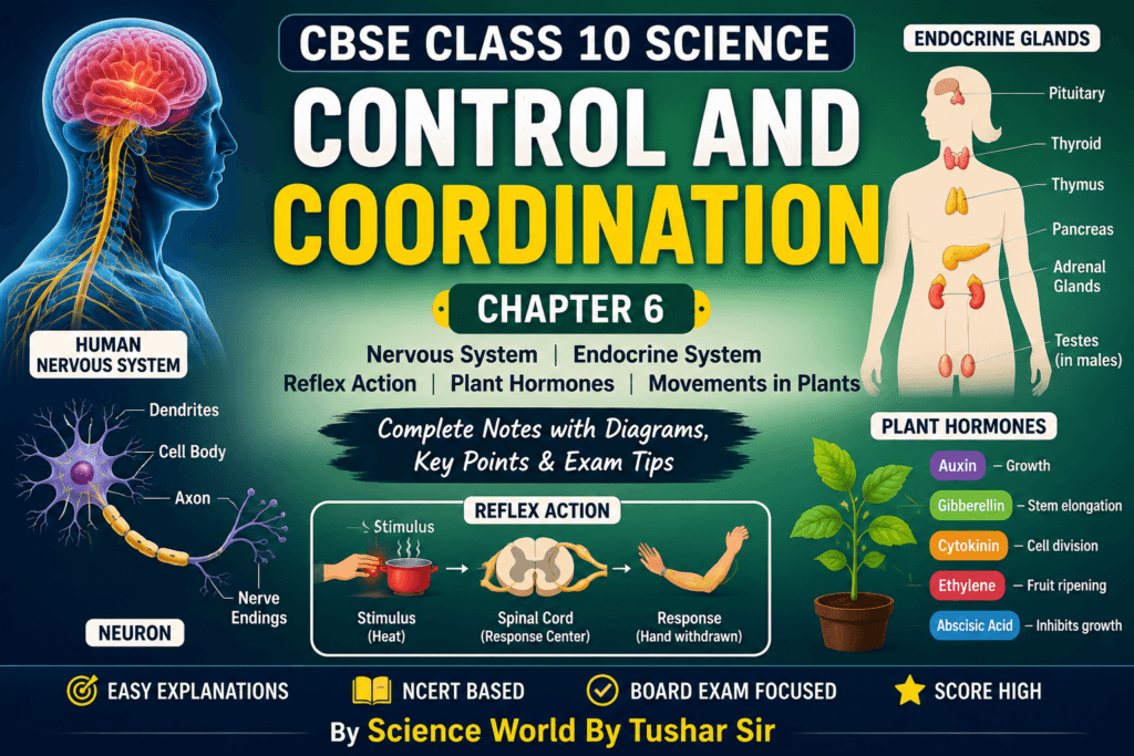 Control and Coordination Class 10 Notes banner featuring the brain, neuron, spinal cord, endocrine glands, plant responses, and biology concepts.