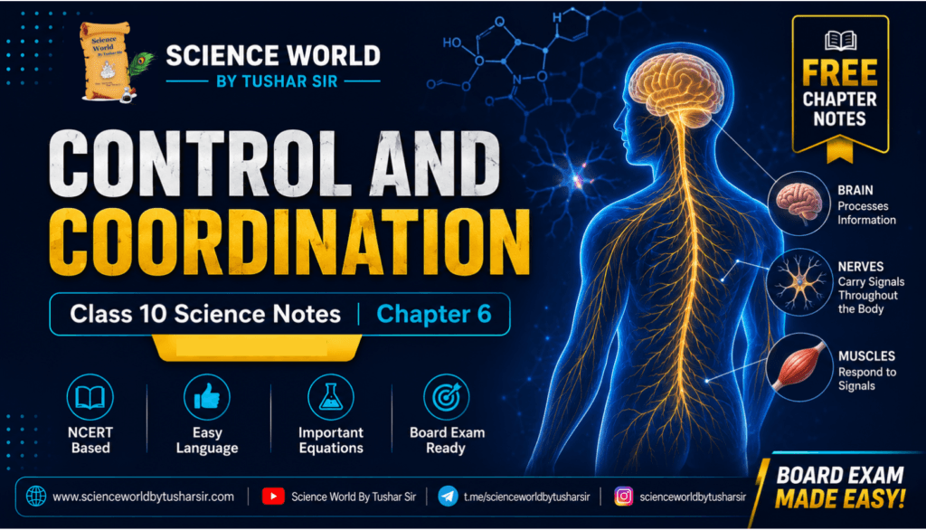 Control and Coordination Class 10 Notes Chapter 6 showing the human nervous system, brain, neurons, spinal cord, endocrine glands, and plant hormones.