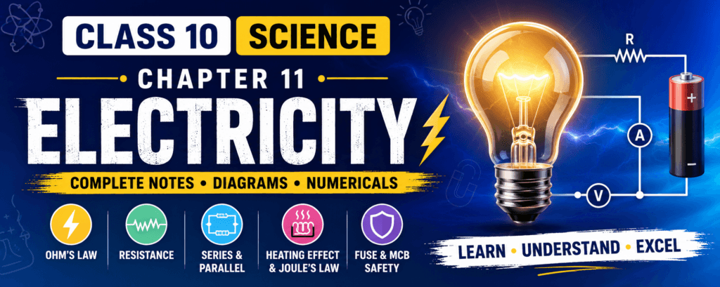 Electricity Class 10 Notes Chapter 11 featuring Ohm's Law, electric circuits, resistance, electric power, formulas, and solved numericals