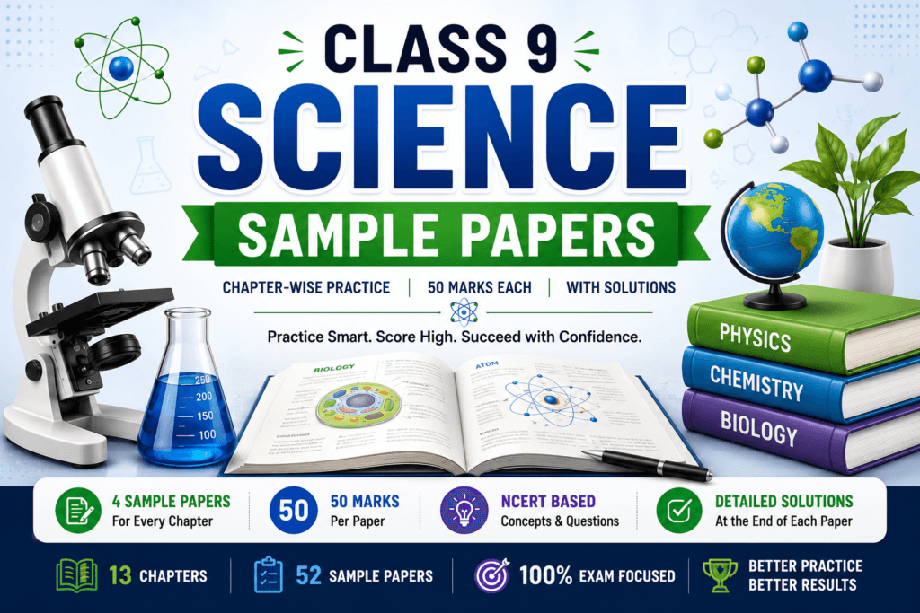 Class 9 Science sample paper with chapter-wise practice questions, 50-mark papers, NCERT-based concepts, and detailed solutions.