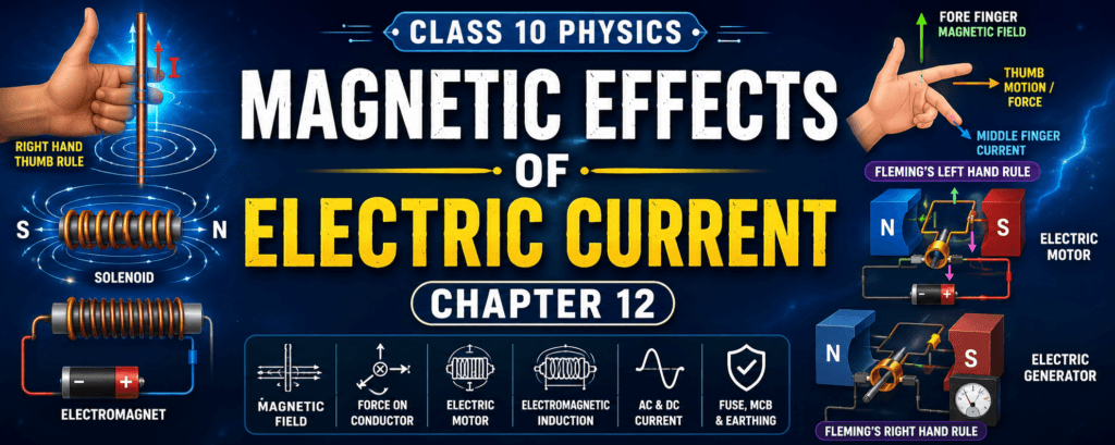 Magnetic Effects of Electric Current Class 10 Notes Chapter 12 banner showing magnetic field lines, electromagnet, electric motor, generator, and domestic electric circuits for CBSE Science.