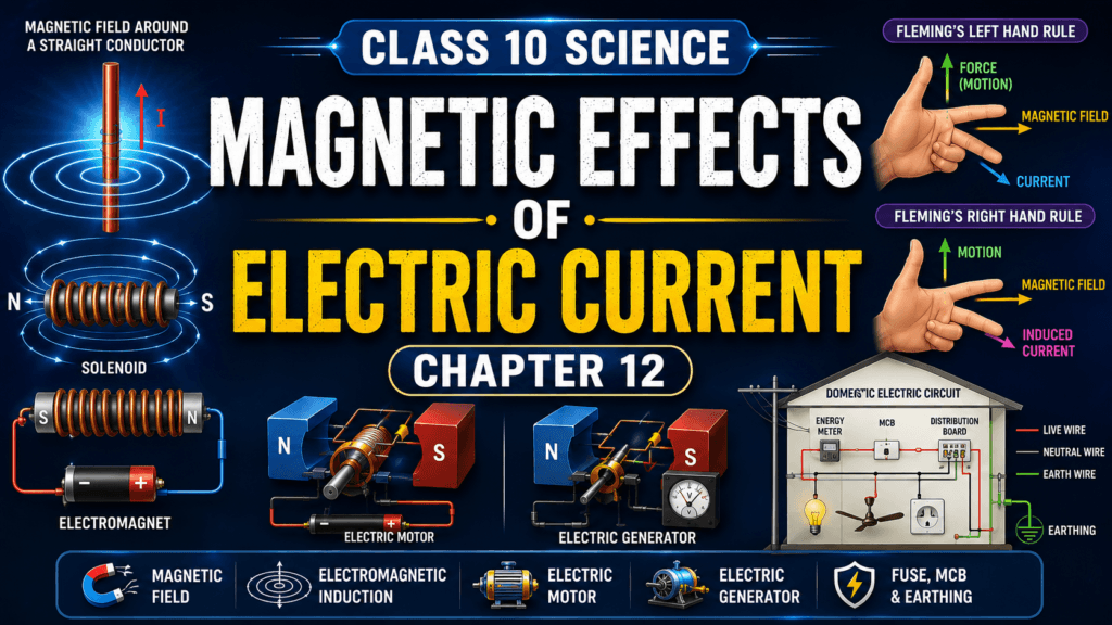 Magnetic Effects of Electric Current Class 10 Notes Chapter 12 with electric motor, magnetic field lines, electromagnet and generator illustration