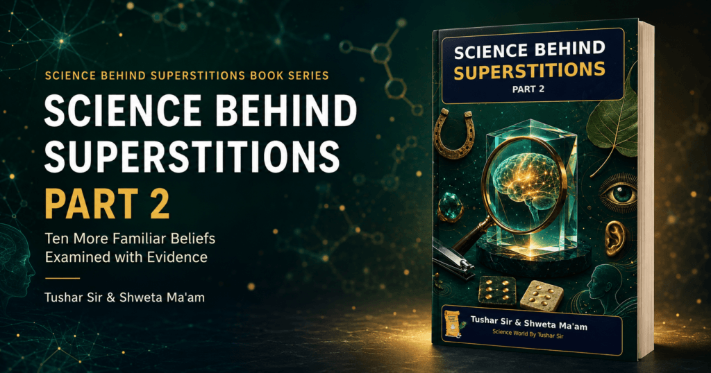 Science Behind Superstitions Part 2 book by Tushar Sir and Shweta Ma’am, examining familiar beliefs through science and evidence.