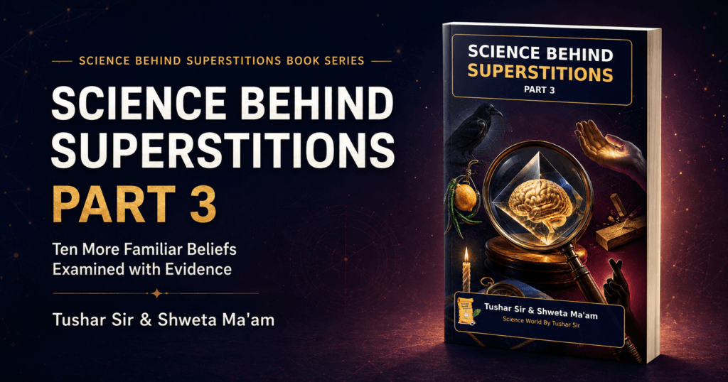 Science Behind Superstitions Part 3 book by Tushar Sir and Shweta Ma’am, exploring ten familiar beliefs through science and evidence.
