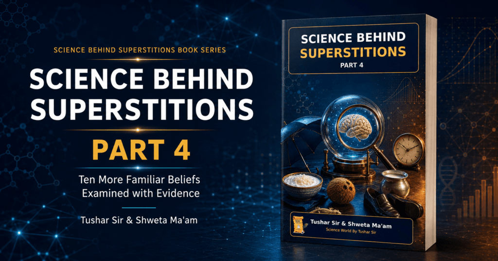 Science Behind Superstitions Part 4 book by Tushar Sir and Shweta Ma’am, examining ten familiar beliefs through science and evidence