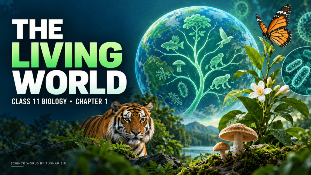 The Living World illustration showing a tiger, flowering plant, butterfly, mushrooms and bacteria