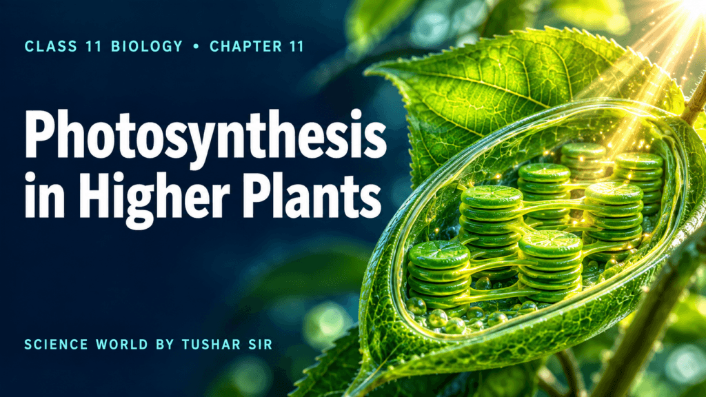 Photosynthesis in Higher Plants Class 11 Biology Chapter 11 featured image showing a sunlit leaf and chloroplast