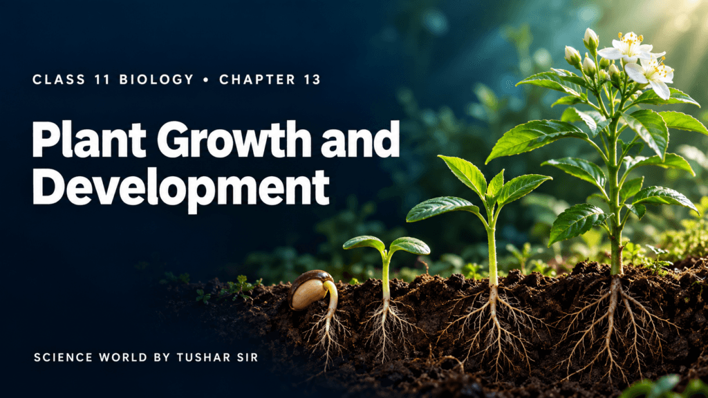 Plant Growth and Development Class 11 Biology Chapter 13 featured image showing seed germination, seedling growth and a flowering plant