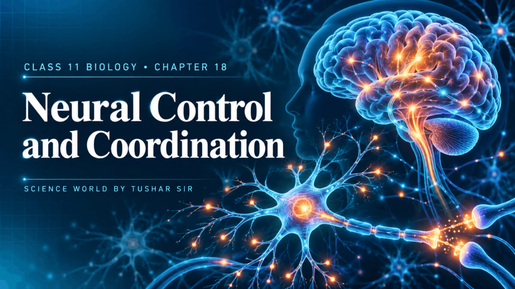 Class 11 Biology Chapter 18 Neural Control and Coordination showing the brain, a neuron and nerve signals