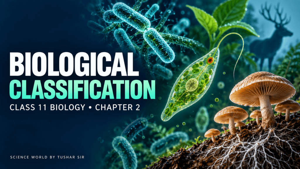 Biological Classification illustration showing bacteria, a protist and fungi for Class 11 Biology Chapter 2