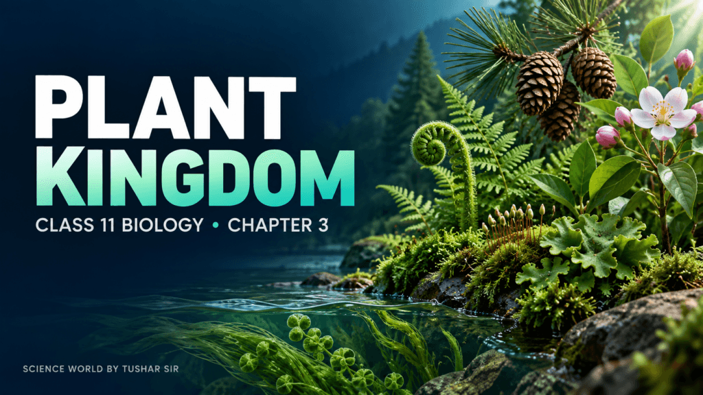 Plant Kingdom illustration showing algae, mosses, a fern, pine cones and a flowering plant