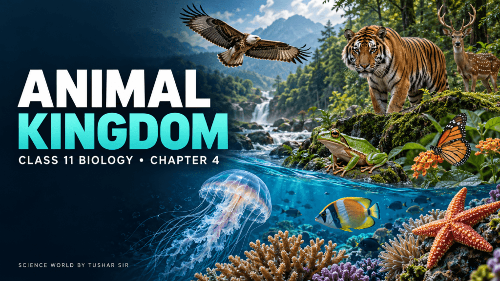 Animal Kingdom illustration with a jellyfish, sea star, fish, frog, bird, butterfly and tiger