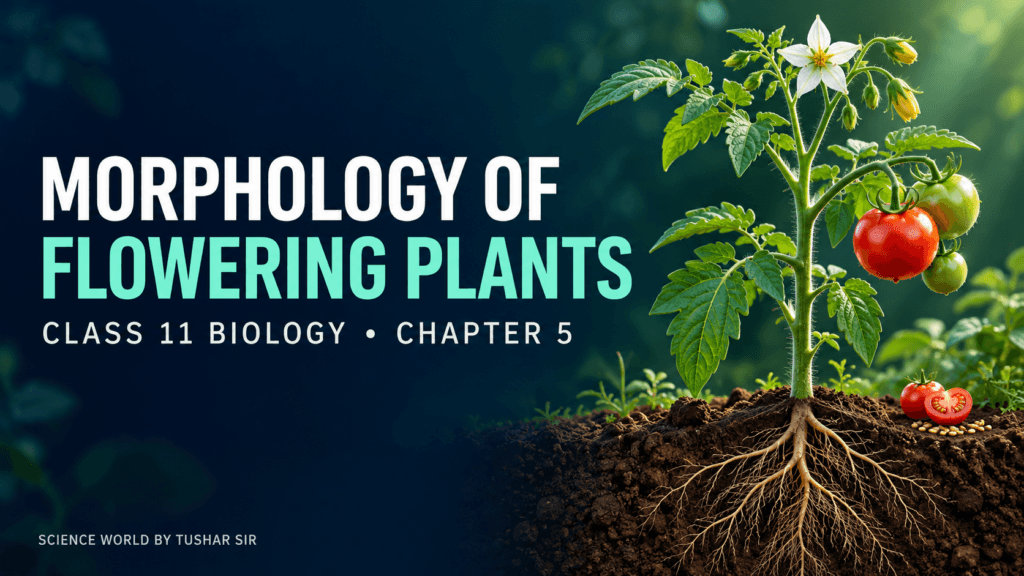 Flowering plant showing roots, stem, leaves, flowers and tomatoes for Class 11 Biology Chapter 5