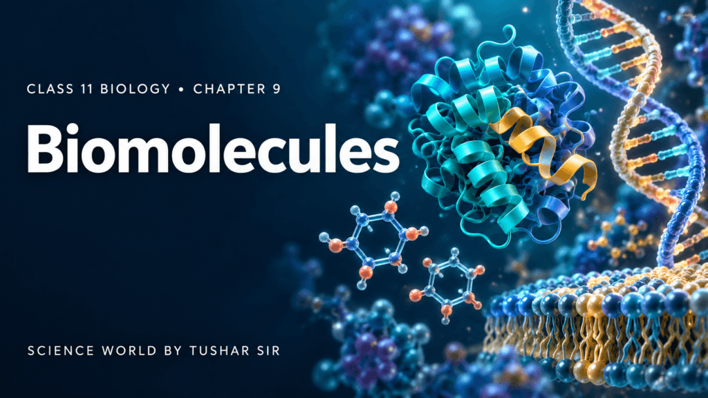 Biomolecules Class 11 Biology Chapter 9 featured image with protein, DNA and cell membrane illustrations