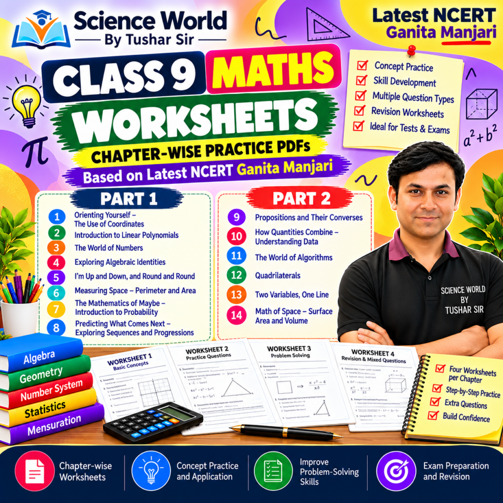Class 9 Maths chapter-wise worksheets PDF for Ganita Manjari Part 1 and Part 2 by Science World By Tushar Sir