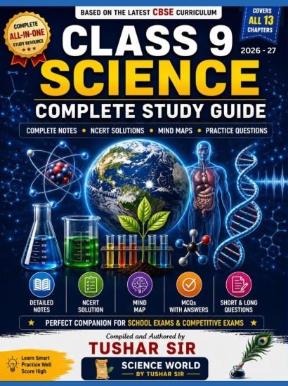 Class 9 Science Complete Study Guide banner with detailed notes, NCERT solutions, mind maps, MCQs, sample pages, printed book, eBook, and exclusive coupon by Science World by Tushar Sir.